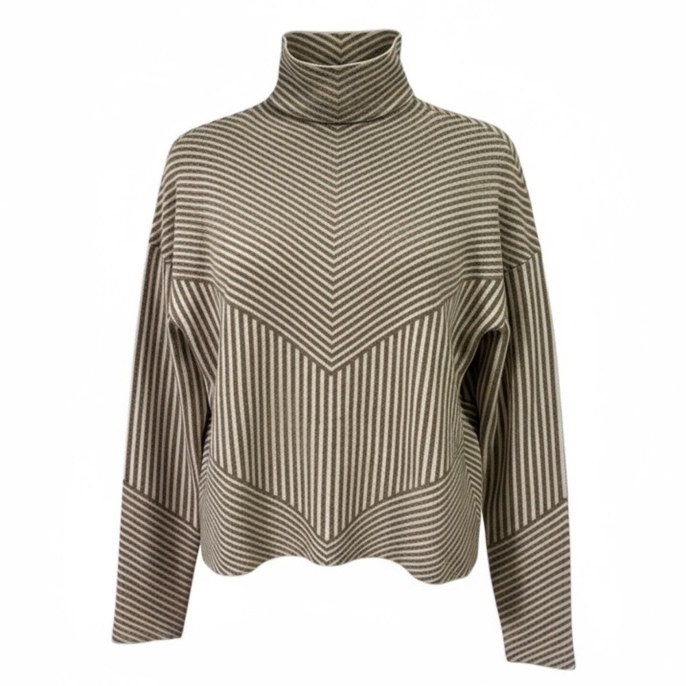 Tahari Women's Chevron Stripe Mock Neck‎ Sweater Small Beige Minimalist Knit